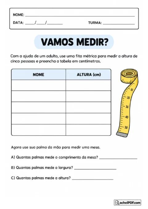Tabela para registrar a altura de cinco pessoas e perguntas sobre medidas de uma mesa em palmas da mão.