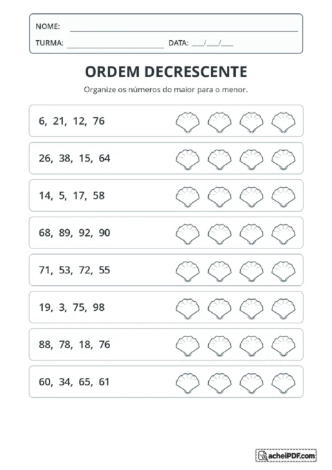 Oito grupos de quatro números para organizar do maior para o menor em ordem decrescente