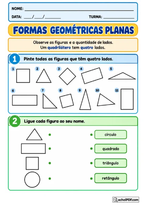 Figuras planas para pintar quadriláteros e ligar triângulo, retângulo, quadrado e círculo aos nomes.
