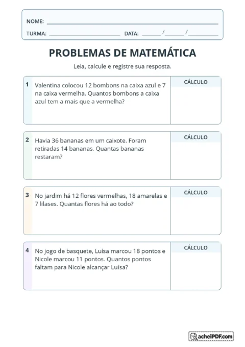 Quatro problemas de adição e subtração envolvendo bombons, bananas, flores e pontos de basquete