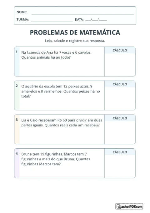 Problemas matemáticos com animais, peixes, divisão de dinheiro e figurinhas, com quadros para cálculos
