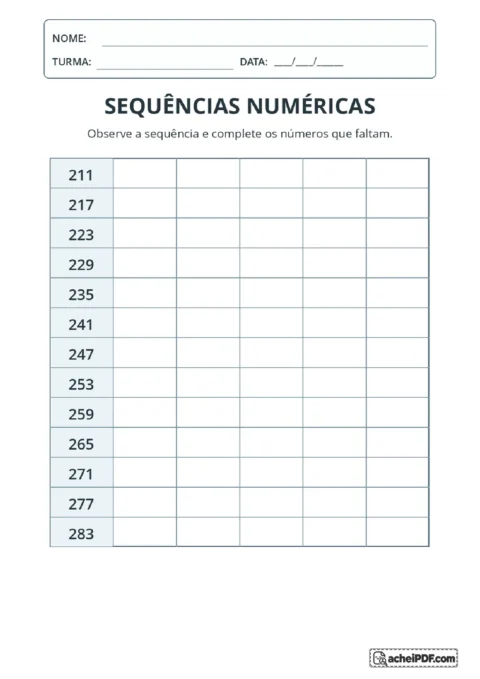 Tabela numérica com treze linhas iniciadas em 211, 217 e outros valores para completar sequências