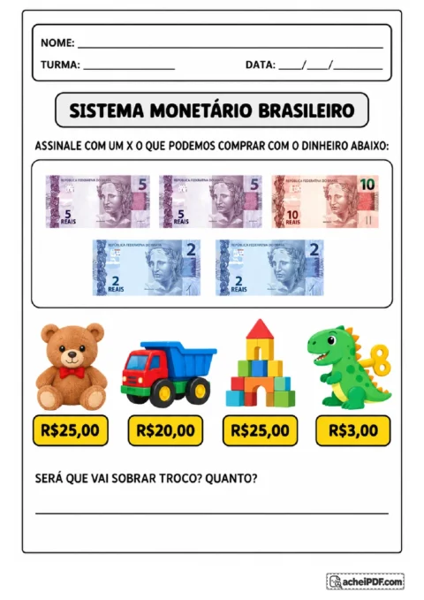 Atividade de sistema monetário com brinquedos, cédulas, moedas e situações de compra e troco