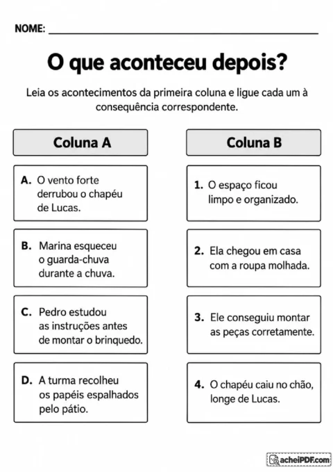 Exercício de leitura para ligar acontecimentos cotidianos às suas consequências em duas colunas