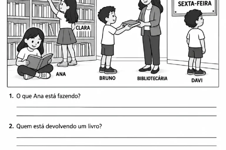 Cena da biblioteca escolar com crianças, aviso de devolução de livros e perguntas de interpretação