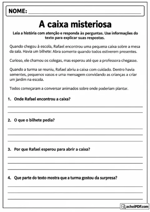Texto A caixa misteriosa sobre Rafael e um projeto de jardim com perguntas de compreensão e inferência