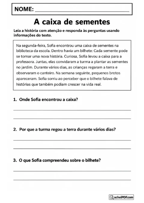 Narrativa sobre Sofia e uma caixa de sementes encontrada na biblioteca com três perguntas de interpretação