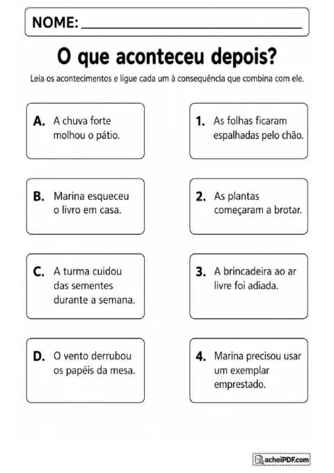 Exercício de ligar acontecimentos escolares às consequências correspondentes em duas colunas