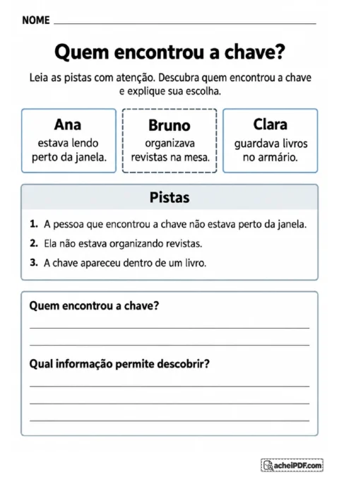 Desafio de leitura sobre uma chave encontrada com depoimentos de três personagens e pistas para dedução