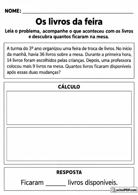 Situação-problema sobre feira de troca de livros com retiradas e acréscimos para calcular o total restante
