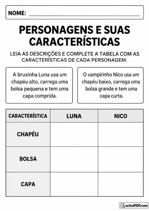 Descrições da bruxinha Luna e do vampirinho Nico com tabela para comparar adjetivos