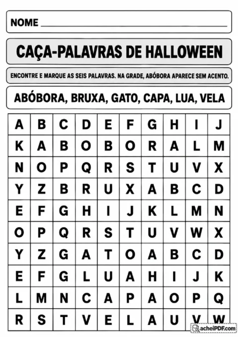 Caça-palavras de Halloween com grade de letras para encontrar abóbora, bruxa, gato, capa, lua e vela