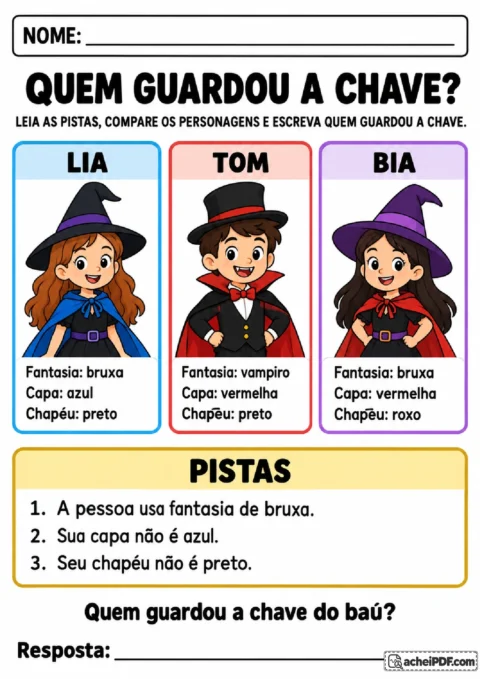 Desafio de pistas sobre Lia, Tom e Bia para descobrir quem guardou a chave do baú