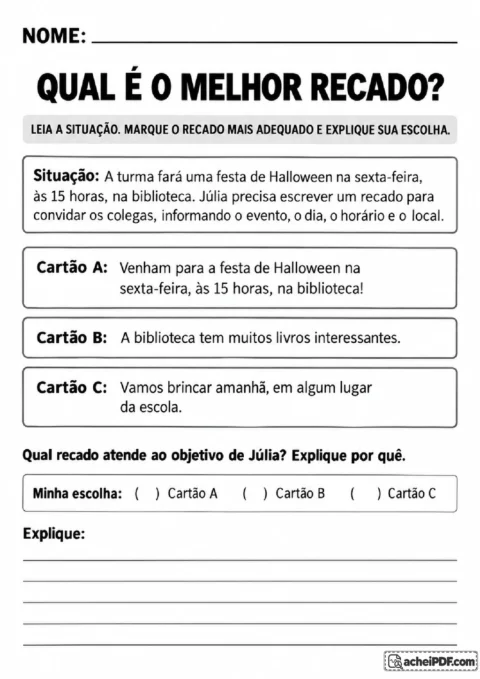 Atividade de leitura com três recados para escolher o convite mais adequado à festa de Halloween
