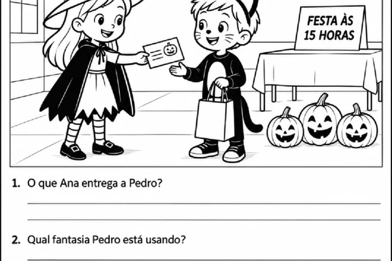 Cena de Halloween na escola com Ana entregando convite a Pedro e perguntas de interpretação