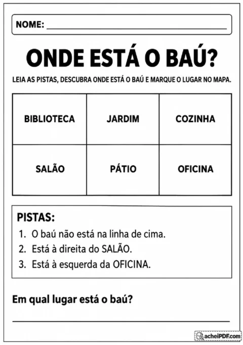 Mapa escolar com biblioteca, jardim, cozinha, salão, pátio e oficina para localizar um baú