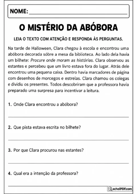 Texto O Mistério da Abóbora com história na biblioteca e perguntas de interpretação