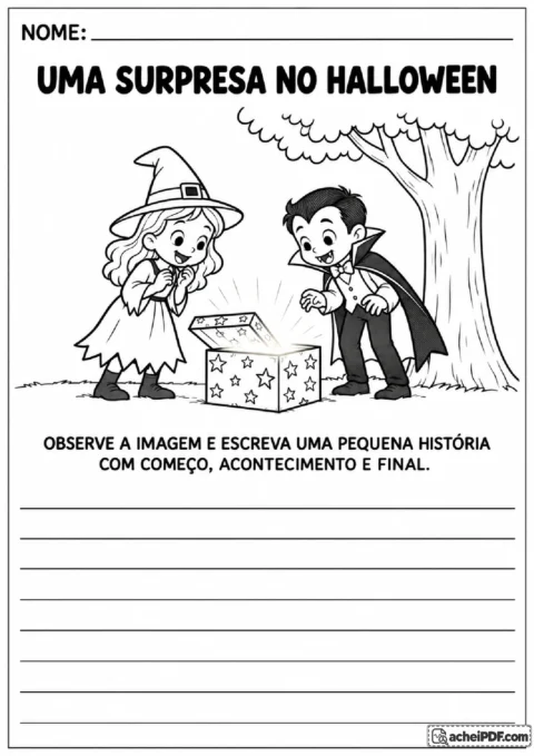Menina fantasiada de bruxa e menino vampiro encontram caixa misteriosa para criar uma narrativa