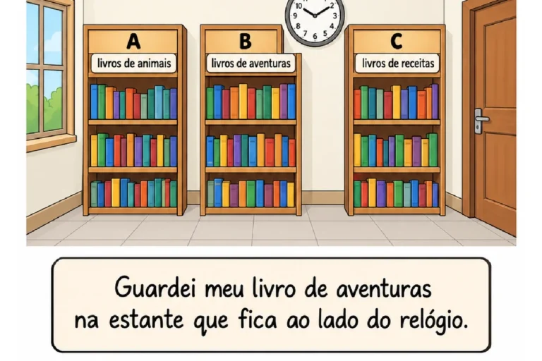 Biblioteca com três estantes e um bilhete que fornece pistas para descobrir onde está um livro desaparecido