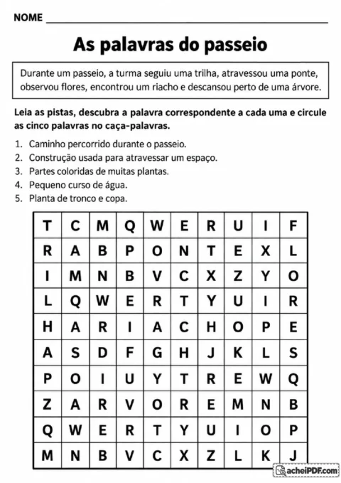 Caça-palavras sobre passeio com pistas para encontrar trilha, ponte, flores, riacho e árvore