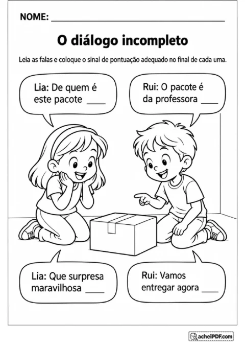Diálogo entre Lia e Rui sobre um pacote com espaços para completar os sinais de pontuação