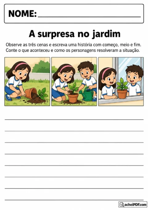 Três cenas de Sofia e Miguel cuidando de um vaso caído para orientar uma produção de narrativa curta