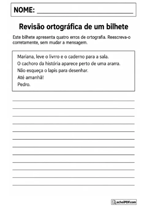 Bilhete de Mariana e Pedro com quatro erros ortográficos para corrigir durante a reescrita