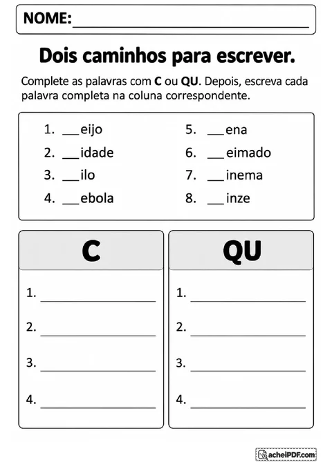 Exercício de classificação de palavras com C ou QU, usando duas colunas para organizar as grafias