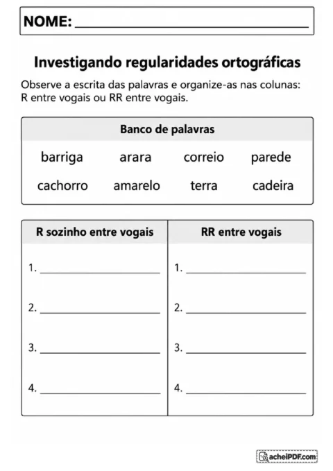 Quadro para classificar palavras com R ou RR entre vogais, incluindo arara, barriga, correio e cadeira