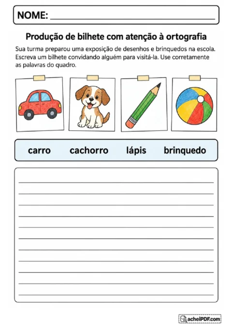 Proposta de escrita de convite para exposição escolar usando carro, cachorro, lápis e brinquedo