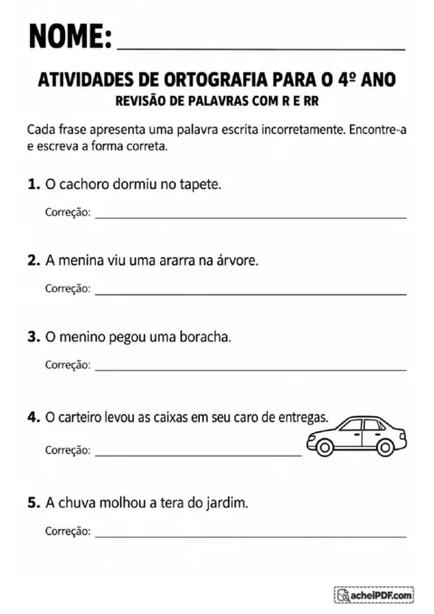 Frases com erros de R e RR para identificar e corrigir palavras como cachorro, borracha e terra