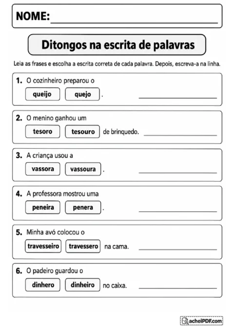 Atividade com frases para escolher a escrita correta de palavras com os ditongos EI e OU