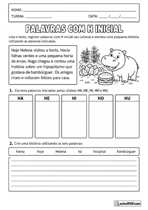 Texto sobre Helena e Hugo, quadro de palavras com H inicial e proposta de criação de história.