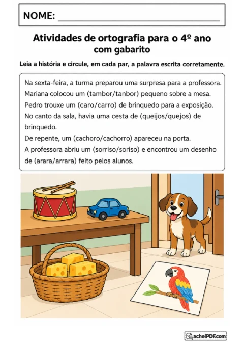 História sobre uma surpresa para a professora com pares de palavras para circular a grafia correta