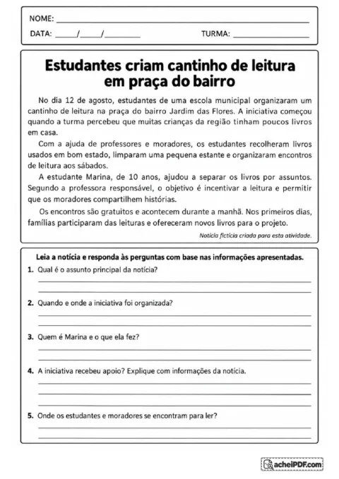 Notícia fictícia sobre estudantes que criaram um cantinho de leitura na praça, com perguntas de interpretação.