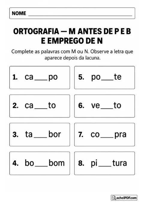 Exercício de completar lacunas com M ou N em palavras como campo, canto, tambor e pintura