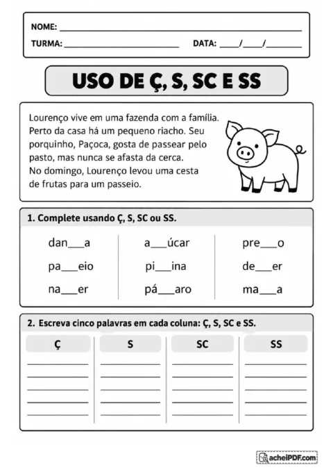 Texto sobre Lourenço e exercício para completar palavras com Ç, S, SC ou SS e organizar exemplos em colunas.
