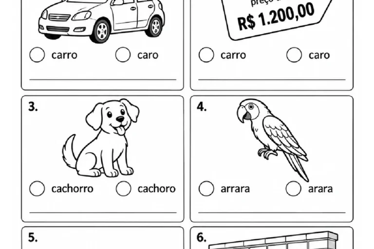 Ilustrações para escolher a grafia correta de palavras com R ou RR, como carro, caro, arara e terra
