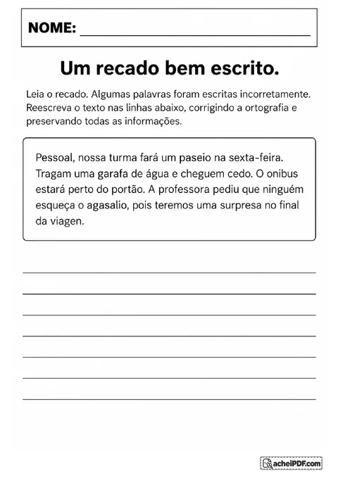 Recado escolar sobre uma viagem com erros ortográficos para corrigir durante a reescrita do texto