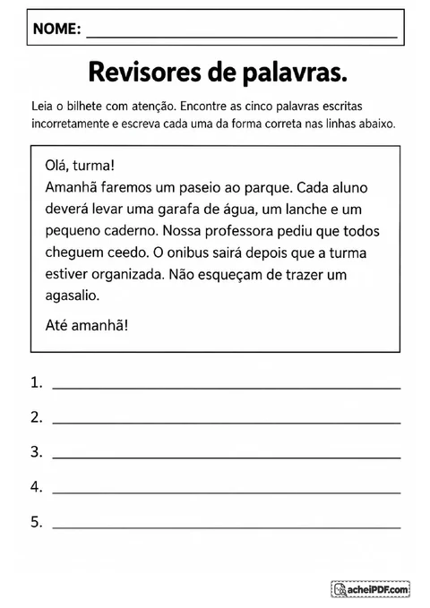 Bilhete escolar sobre passeio ao parque com cinco erros ortográficos para localizar e corrigir