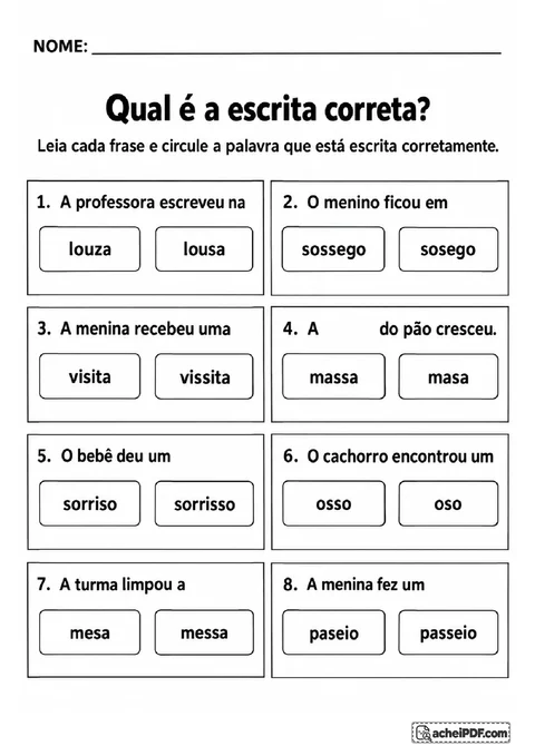 Atividade de escolha da grafia correta entre palavras com S e SS em oito frases contextualizadas