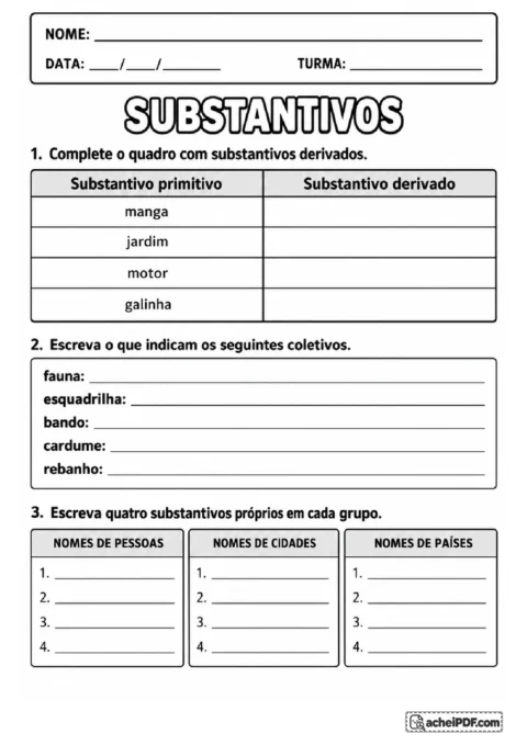 Quadros de substantivos derivados, significados de coletivos e exemplos de nomes próprios de pessoas e lugares.