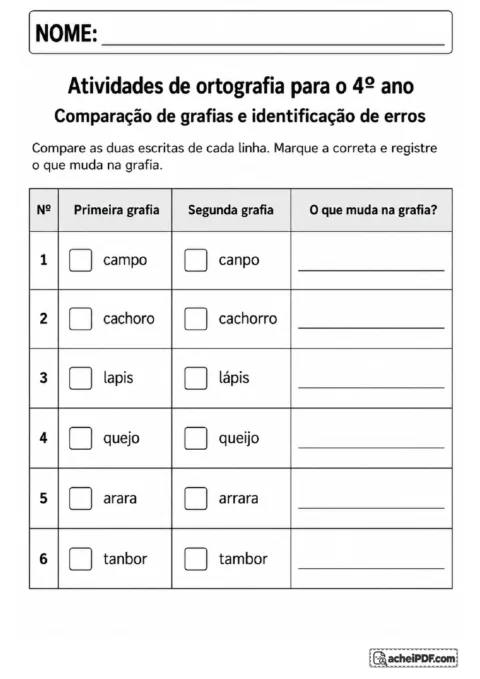 Tabela com pares de grafias para marcar a palavra correta e registrar diferenças de escrita