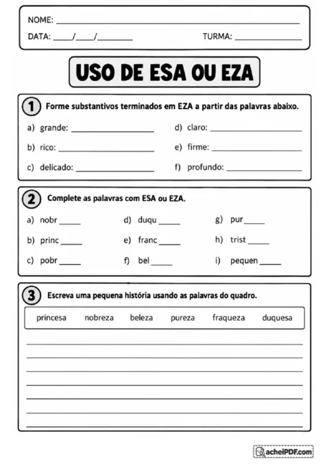Atividade de formação de palavras com EZA, lacunas para ESA ou EZA e produção de uma pequena história.