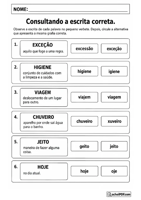 Verbetes com significados e alternativas de escrita para identificar grafias corretas de palavras