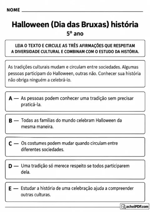 Atividade sobre diversidade cultural e interpretações respeitosas relacionadas ao Halloween