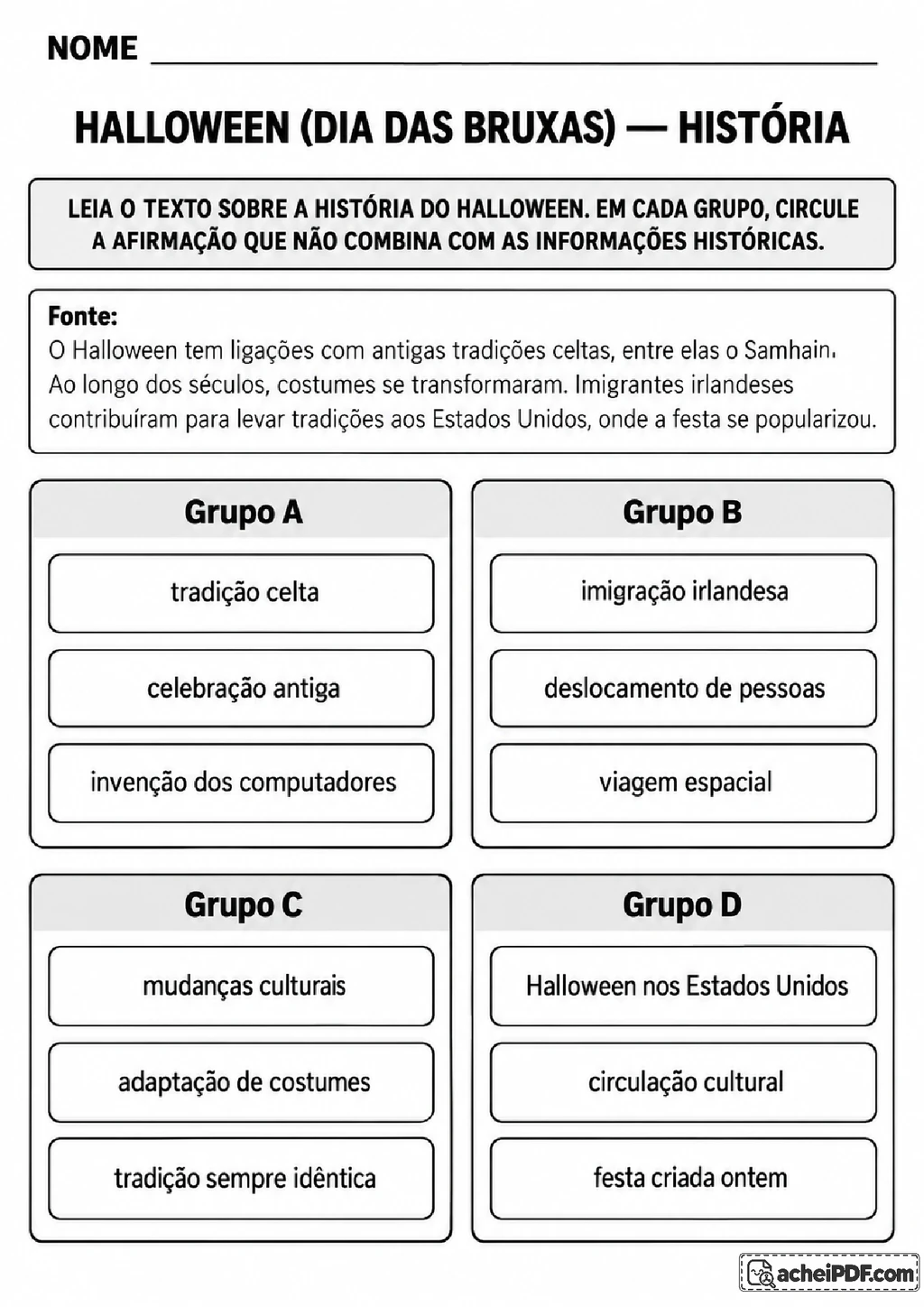 História do Halloween para o 5º ano em PDF