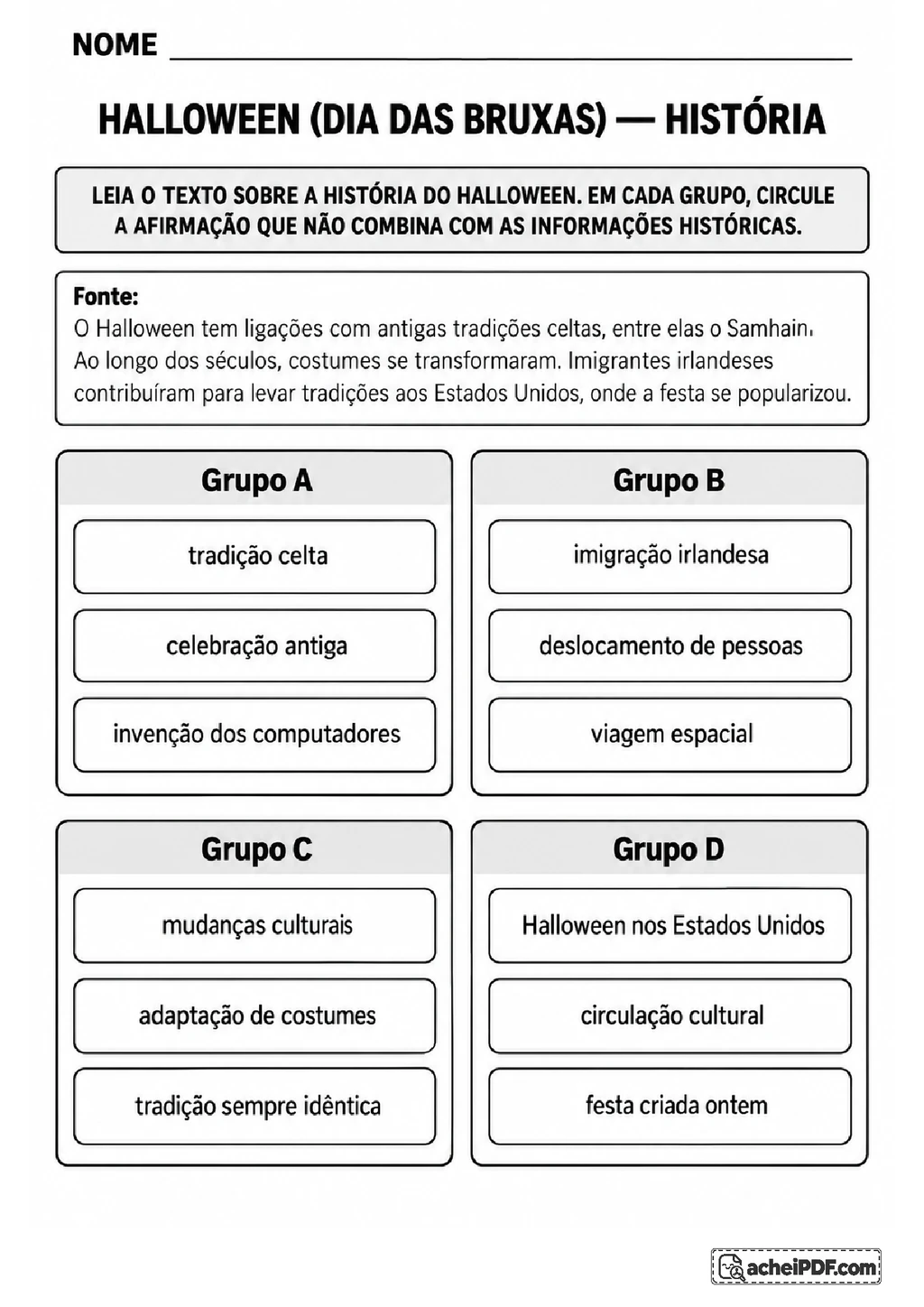 História do Halloween para o 5º ano em PDF