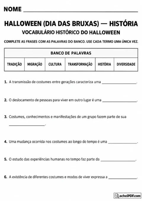 Atividade de vocabulário histórico com tradição, migração, cultura, transformação e diversidade