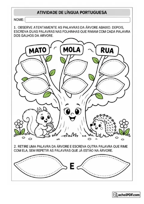 5 Atividades de Rima para o 1º ano fundamental: Identificar palavras que rimam, escrever duas palavras para cada uma das três palavras, para o 1º ano.